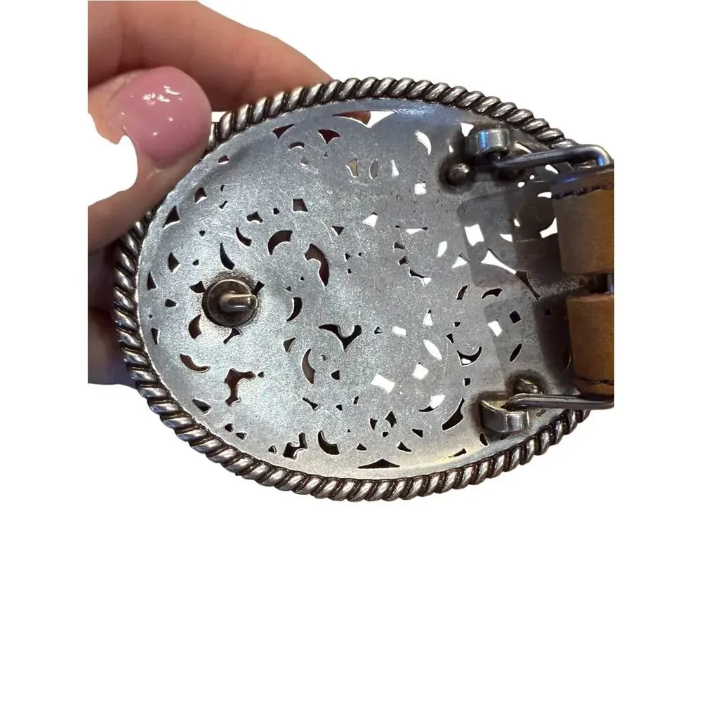 Tony Lama Size 26 Tooled Leather Belt with Filigree Silver-Tone Oval Buckle